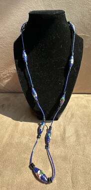 Vintage Cloisonné Floral Bead Blue Necklace with Gold-Tone Filigree Clasp